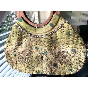 Boho Bohemian Bag Beaded Painted Decorated Light Green Earthy Wooden Handle NWT